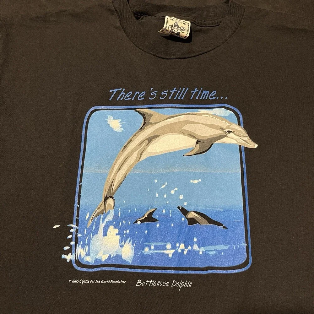 Vintage Dolphin Art Shirt 90s Human-I-Tees Harlequin Extinction Is Forever USA